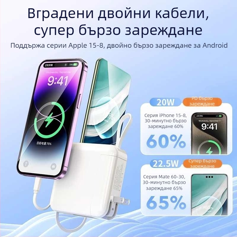Преносима батерия с вградена щепсел и кабел, 20000mAh, 3C сертифицирана, бързо зареждане