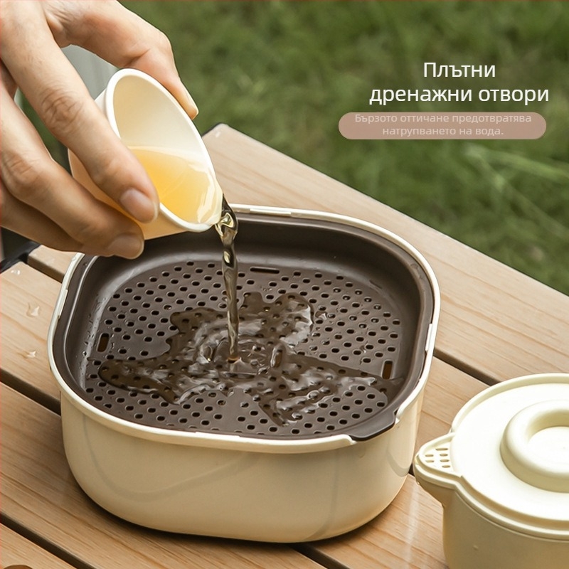 Комплект за чай с интегрирана тава, три чаши и чайник – преносим за пътувания и къмпинг