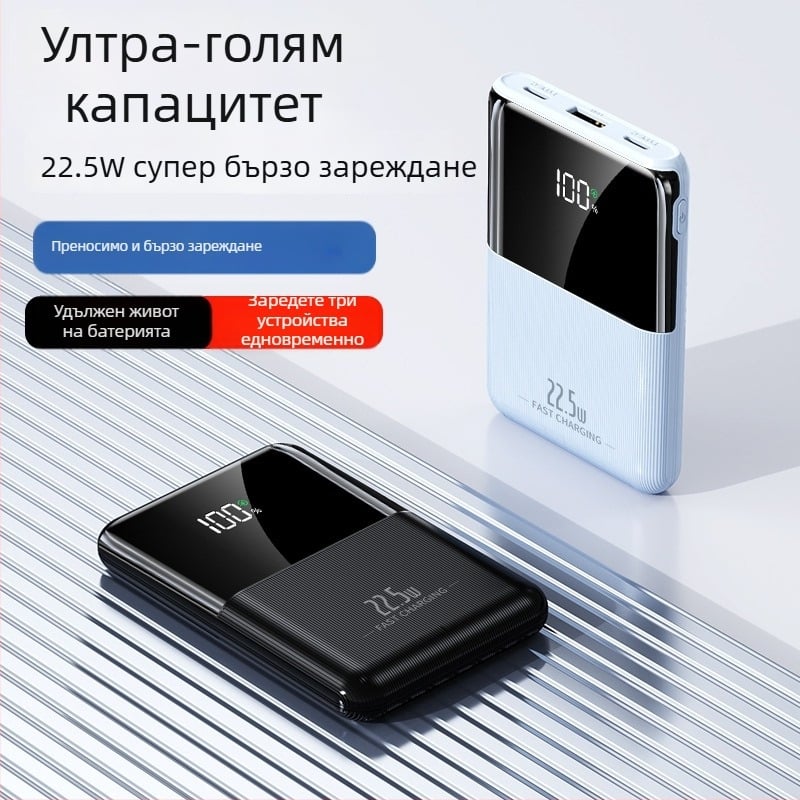 Външна батерия с двупосочно бързо зареждане, голям капацитет, интелигентен цифров дисплей, тънка и преносима