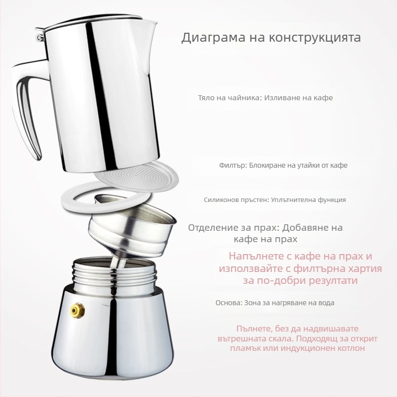 Мока пот от неръждаема стомана 304, 200 ml, съвместим с индукционен котлон, преносим, италиански стил