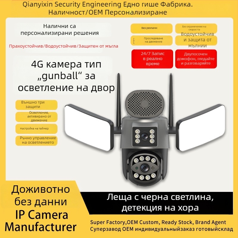 4G интелигентна външна охранителна камера с осветление за двор и детекция на превозни средства, HD