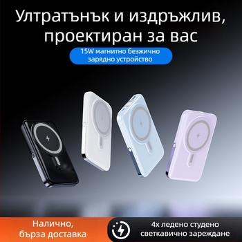 Магнитна безжична power bank 10000 mAh със стойка, компактна, бързо зареждане, персонализируема