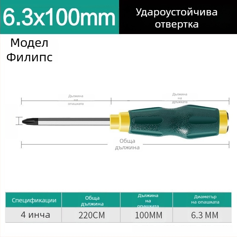 Магнитна отвертка с усилено ядро, ултра-твърда индустриална ударна отвертка, плосък и кръстовиден накрайник, тежък клас