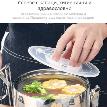 Затворена двуслойна изолирана кутия за обяд, от неръждаема стомана 304, кръгла, с решетка за храна