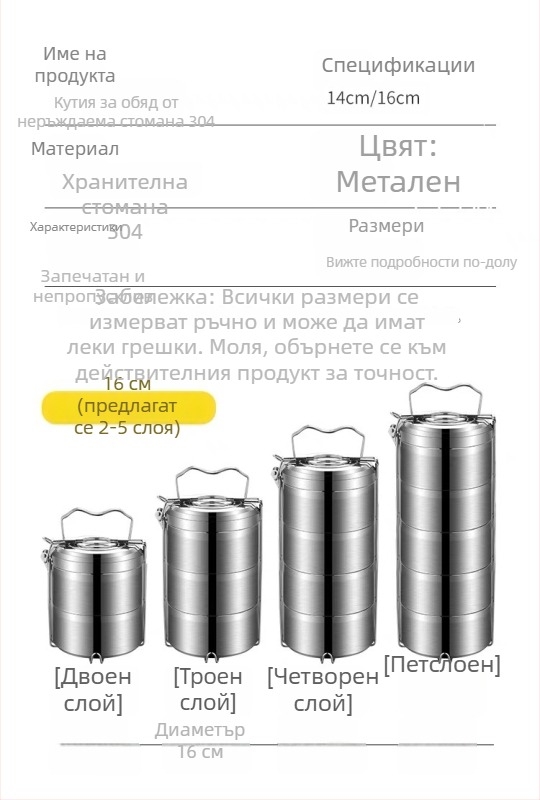 Затворена двуслойна изолирана кутия за обяд, от неръждаема стомана 304, кръгла, с решетка за храна