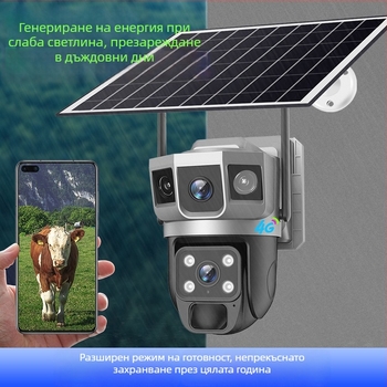 4G камера с три обектива и три екрана, 360° панорамна въртяща се куполна камера за HD наблюдение