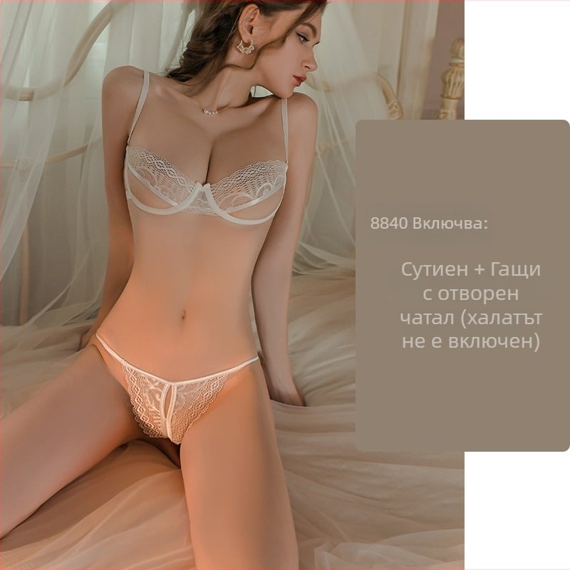 Yiyue дантелен push-up сутиен с открит пред, униформа пижама и външна роба – комплект