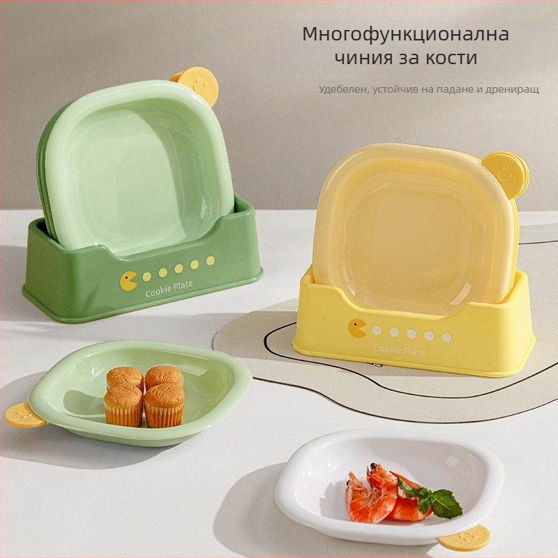 Многофункционална чиния с рисувана костна тематика за закуски, плодове и сушени плодове, със база, квадратна, PP материал