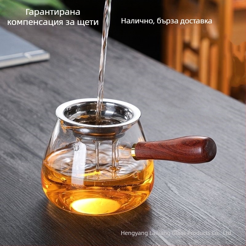 Стъклена чашка със странична дръжка и дървена ръкохватка, за равномерно разпределение в кунг-фу чаен комплект, прозрачна чаша за чай
