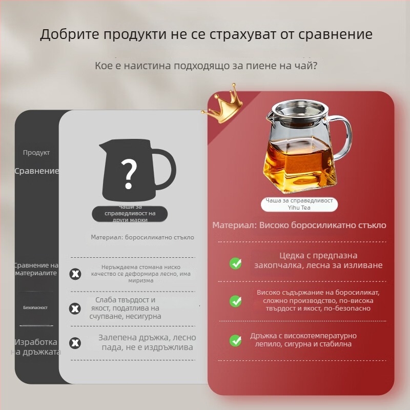 Прозрачен съд за чай от боросиликатно стъкло, термоустойчив, с разделител за чай и съд за чайна церемония