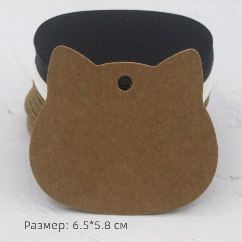 Празни етикети от крафт хартия с котешка форма, 100 бр, размер 6x6 см