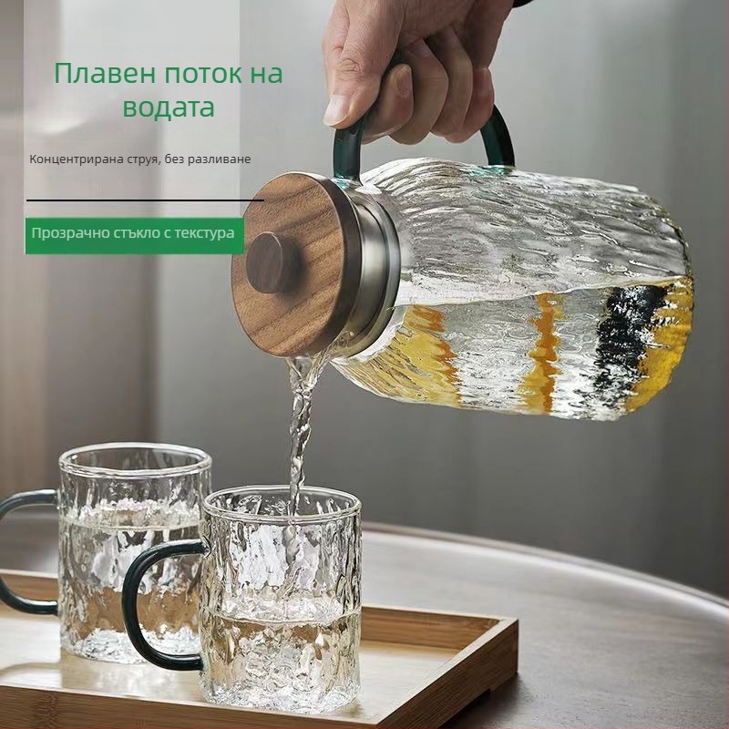 Стъклена бутилка за студена вода с текстура на чук, подходяща за сокове, напитки и чай от цветя; модерен минималистичен дизайн.