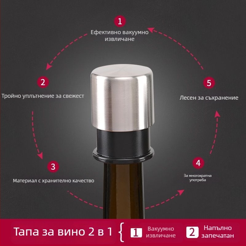Вакуумна винена тапа от неръждаема стомана – запечатваща при притискане за запазване на свежестта