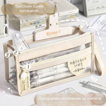 Прозрачен водоустойчив трислоен несесер за изпити, съхранение на моливи и козметика, корейско-японски стил