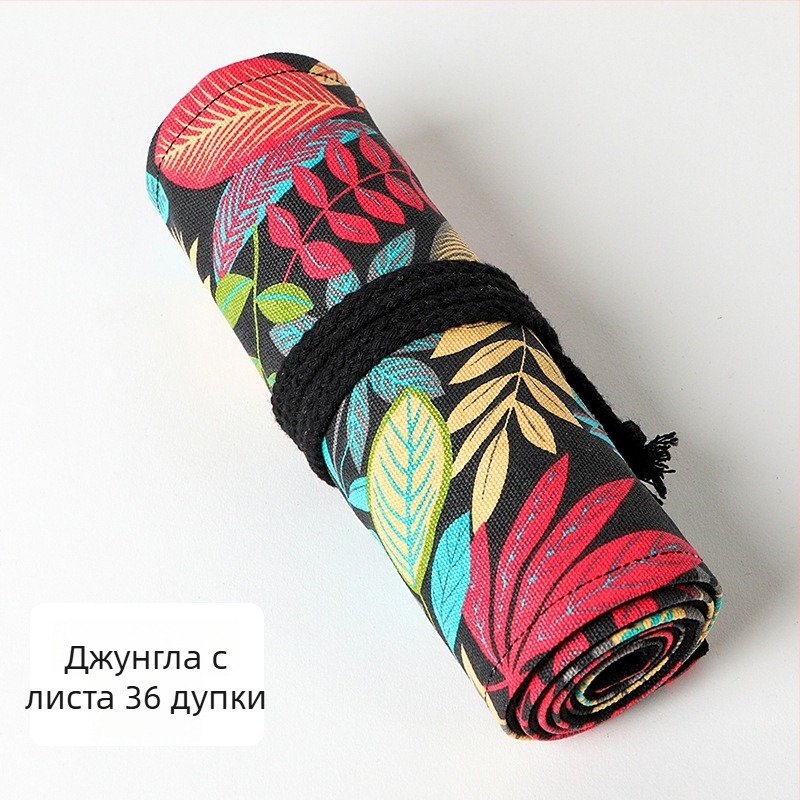 Ръчно изработена платнена ролкова чанта за моливи с принт есенни листа, голям капацитет, отвори 36/48/72, за цветни моливи и скици