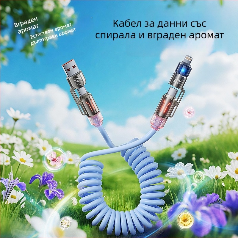 240W четири в едно автомобилен кабел за данни с USB-C и Lightning — ултраскоростно зареждане, пружинна конструкция, ароматерапия, дължина 1–2 м