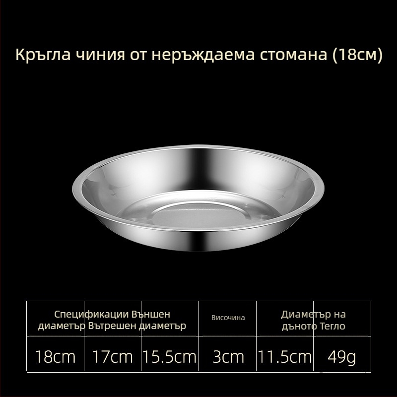 Чинии от неръждаема стомана за хранене – плитки и дълбоки дизайни, три размера: 16–17 см, 18–19 см, 24–25 см.