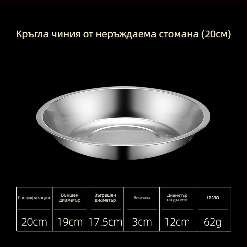 Чинии от неръждаема стомана за хранене – плитки и дълбоки дизайни, три размера: 16–17 см, 18–19 см, 24–25 см.