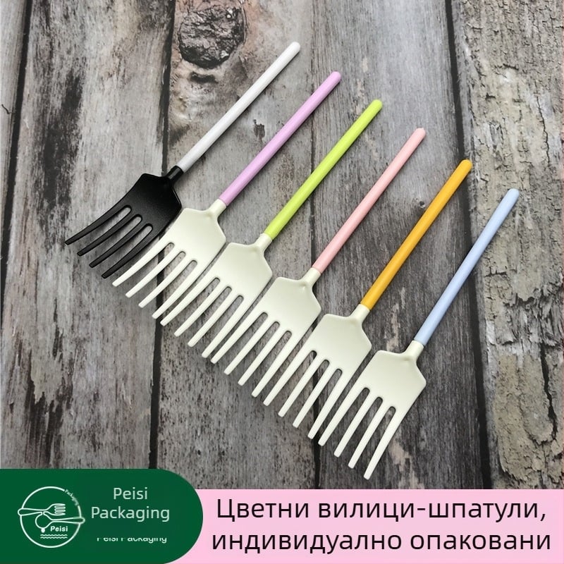 Еднократна пластмасова вилица за торта с креативен интерлок дизайн, индивидуално опакована, цветни десерти