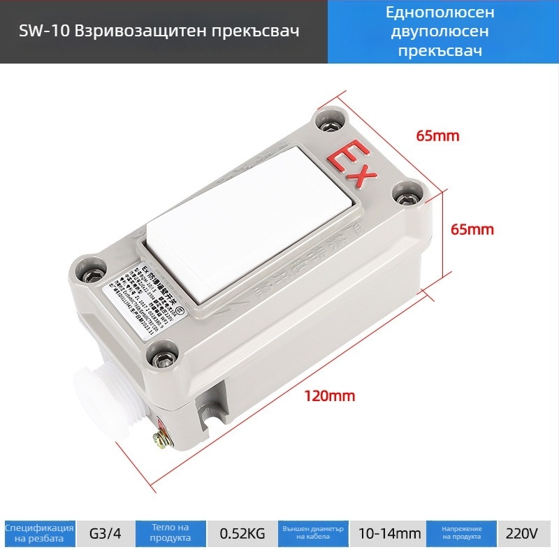Взривозащитен стенен превключвател, 220V/380V, повърхностен монтаж, въртящ се еднополюсен/двуполюсен взривозащитен прекъсвач, индустриален водоустойчив превключвател
