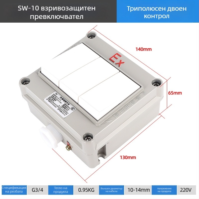 Взривозащитен стенен превключвател, 220V/380V, повърхностен монтаж, въртящ се еднополюсен/двуполюсен взривозащитен прекъсвач, индустриален водоустойчив превключвател