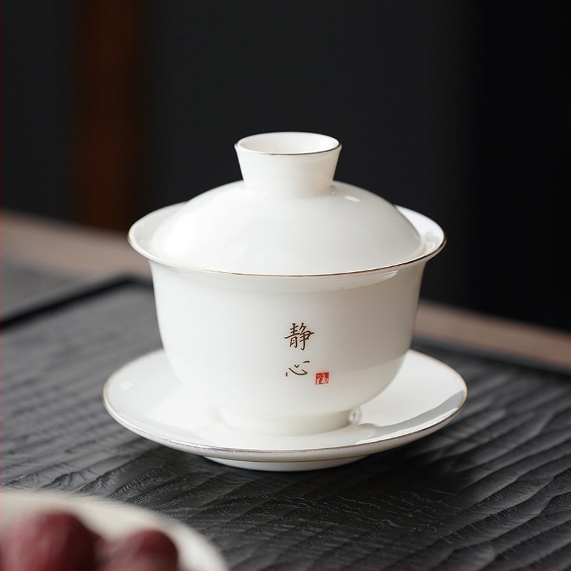Gaiwan от бял порцелан със златен кант за домашна употреба, едно изделие, керамичен комплект за кунг-фу чай