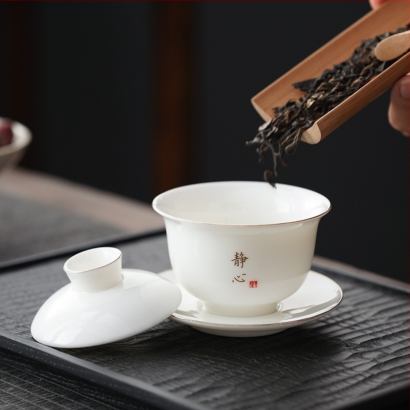 Gaiwan от бял порцелан със златен кант за домашна употреба, едно изделие, керамичен комплект за кунг-фу чай