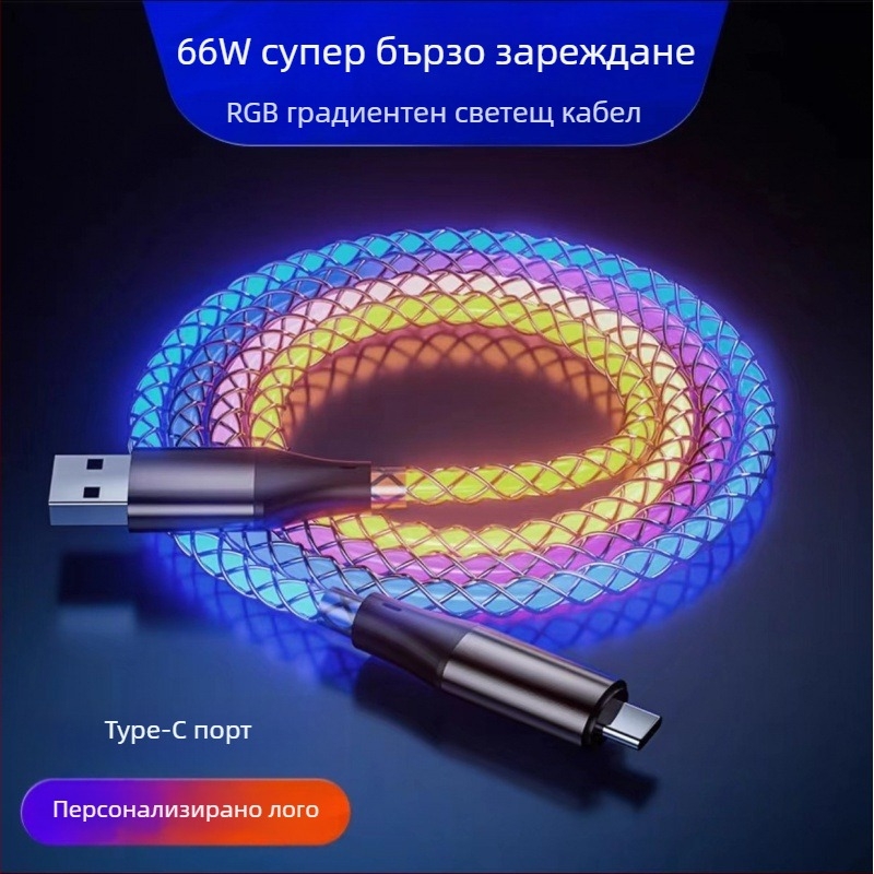 6A PD бързо зареждане, цветен осветен мултиконектор USB-C/Data кабел с три изхода