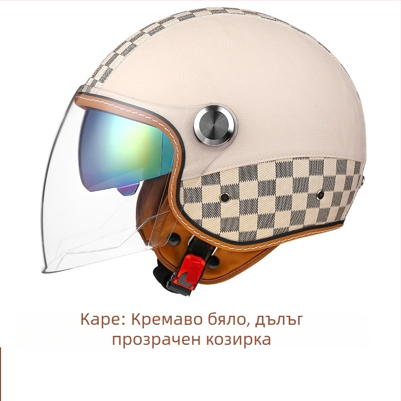 3C-сертифициран унисекс ретро кожен мотоциклетен шлем със Bluetooth, полумаска и двойна визьор система, ABS