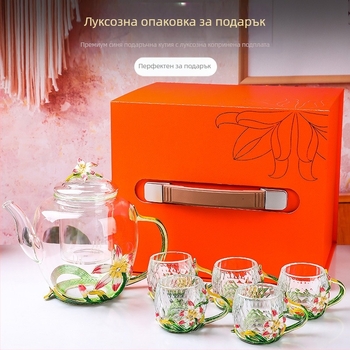 Емайлиран цветен чай комплект със стъклени чаши и чайник, кунг-фу стил, чаши за чай с цветя, подарък, кристална чаша
