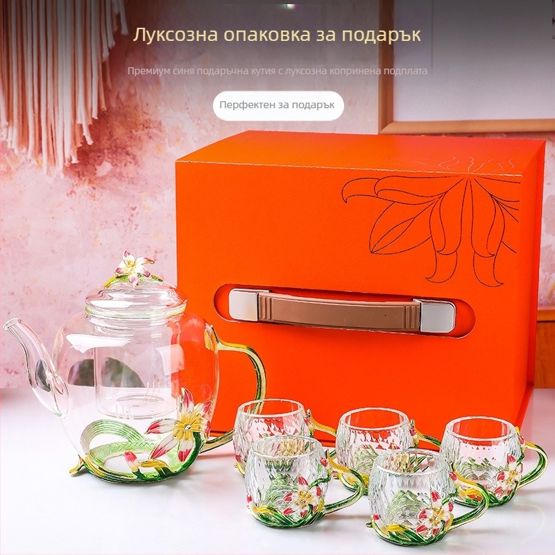 Емайлиран цветен чай комплект със стъклени чаши и чайник, кунг-фу стил, чаши за чай с цветя, подарък, кристална чаша