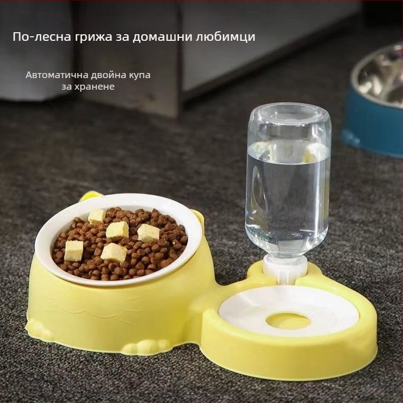 Автоматична котешка купичка за вода и храна, с против преобръщане и наклонена опора за врата