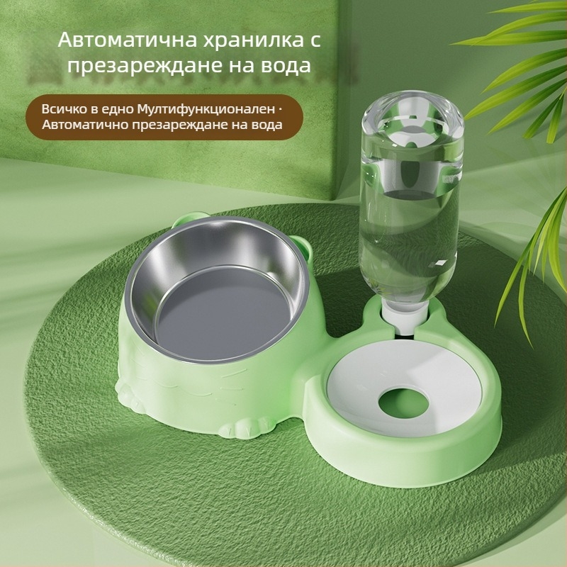 Автоматична котешка купичка за вода и храна, с против преобръщане и наклонена опора за врата