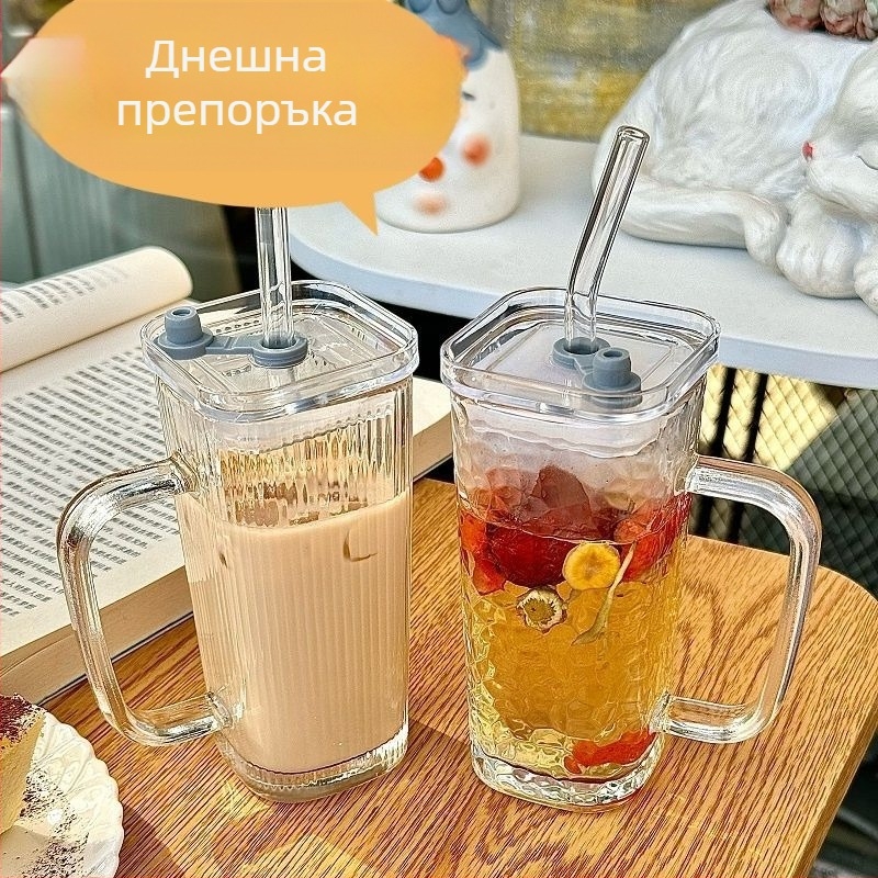Минималистична стъклена чаша с райета, дръжка и сламка, правоъгълна квадратна форма за мляко, кафе и напитки