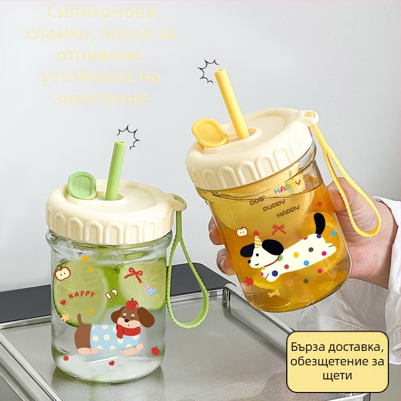 Стъклена чаша за напитки с голям капацитет, разделение чай и вода, със сламка и капак, симпатичен дизайн