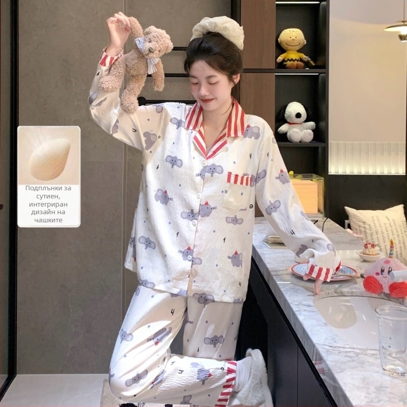 Cloud Cotton дамски пижамен комплект с кардиган и подплънки за бюста, дълги ръкави, леки домашни дрехи