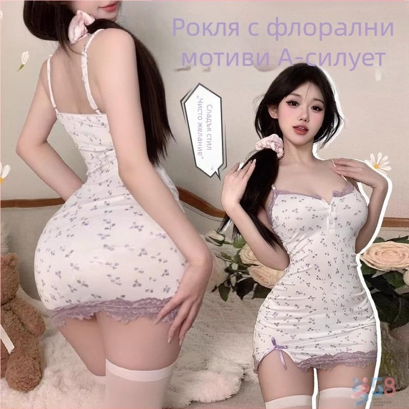 Дамска рокля с флорална шарка, секси силует и V-образно деколте, презрамки без ръкави, подплата, кратка рокля в винтидж стил