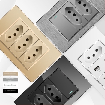 Стенно гнездо с три отвора, USB Type-C, 10A, Бразилски стандарт, сив панел