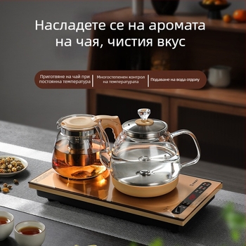 Автоматичен електрически чайник с подаваща вода система и комплект от чайник и чайни съдове със стъклен корпус за дома и офиса