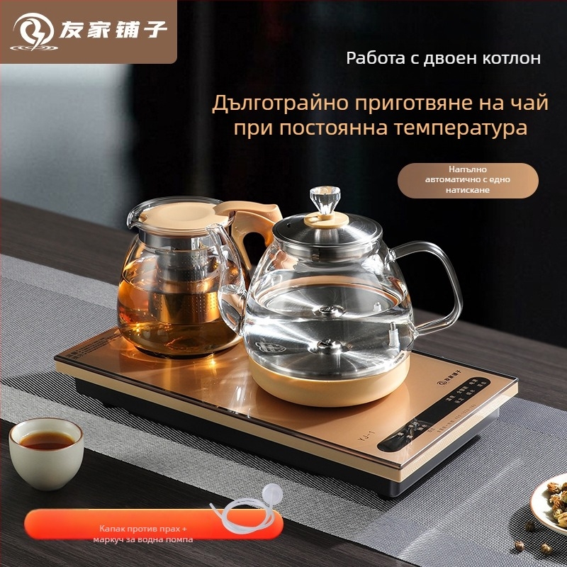 Автоматичен електрически чайник с подаваща вода система и комплект от чайник и чайни съдове със стъклен корпус за дома и офиса