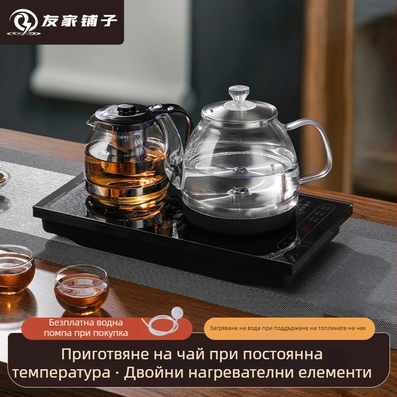 Автоматичен електрически чайник с подаваща вода система и комплект от чайник и чайни съдове със стъклен корпус за дома и офиса