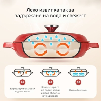 Чугунена емайлирана тенджера за яхнии и готвене, плоско дъно, незалепващо покритие, подходяща за индукция и газ