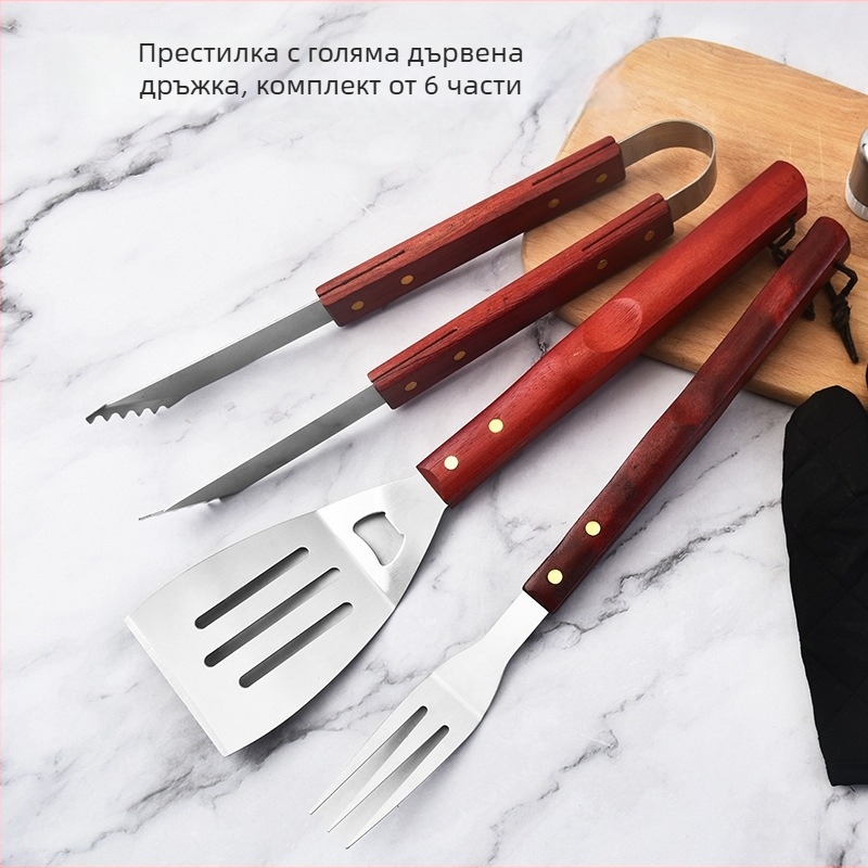 Портативен къмпинг комплект: престилка за готвене и прибори за барбекю с дървена дръжка – 6 части
