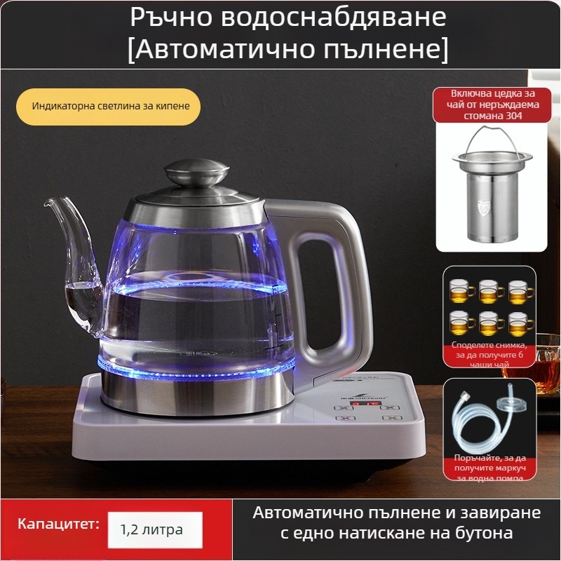 Всичко в едно: електрически чайник с контрол на температурата и стъклена водна кана (1 л)