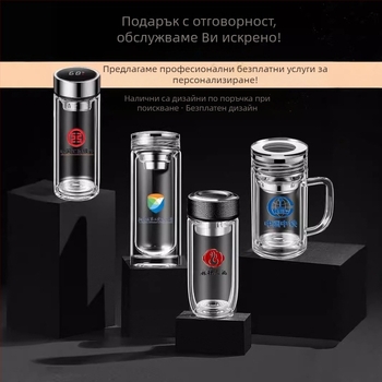 Чаша за чай от боросиликатно стъкло със двойна стена и дръжка, зодии, за дома и офиса