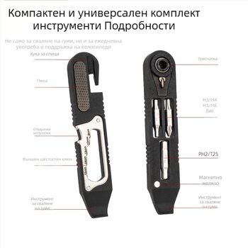 Многофункционален комплект за ремонт на велосипед: инструмент за ремонт, лост за гуми, шестограмен винт, тресчотков ключ и аксесоари за велосипед