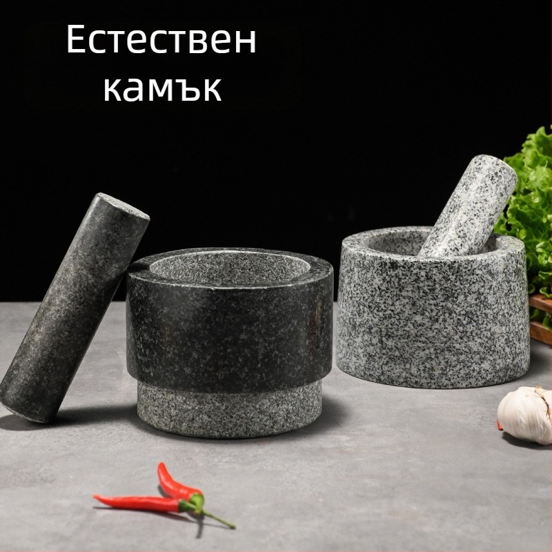 Камен мелничка за чесън с пестик, естествен камък, обелвач за чесън, преса за чесън
