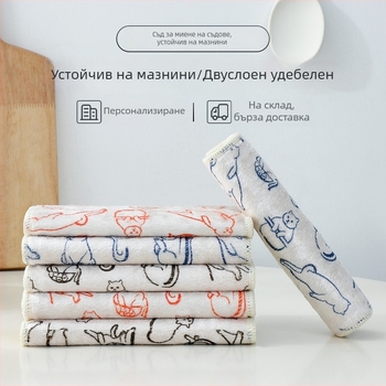 Двуслойна дебела кърпа за съдове с дървено влакно, карикатурен модел, лесна за почистване, не образува власинки