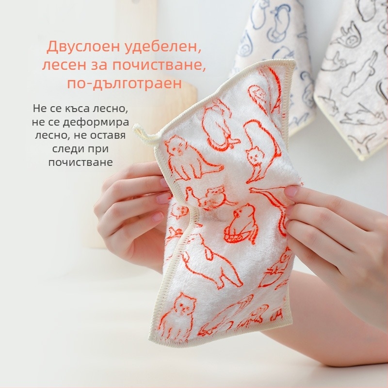 Двуслойна дебела кърпа за съдове с дървено влакно, карикатурен модел, лесна за почистване, не образува власинки