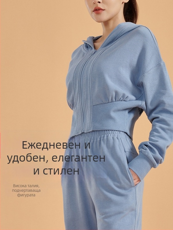 Женски памучен суитшърт с цип и качулка, къс модел, талия с ребрена лента, за фитнес и тичане